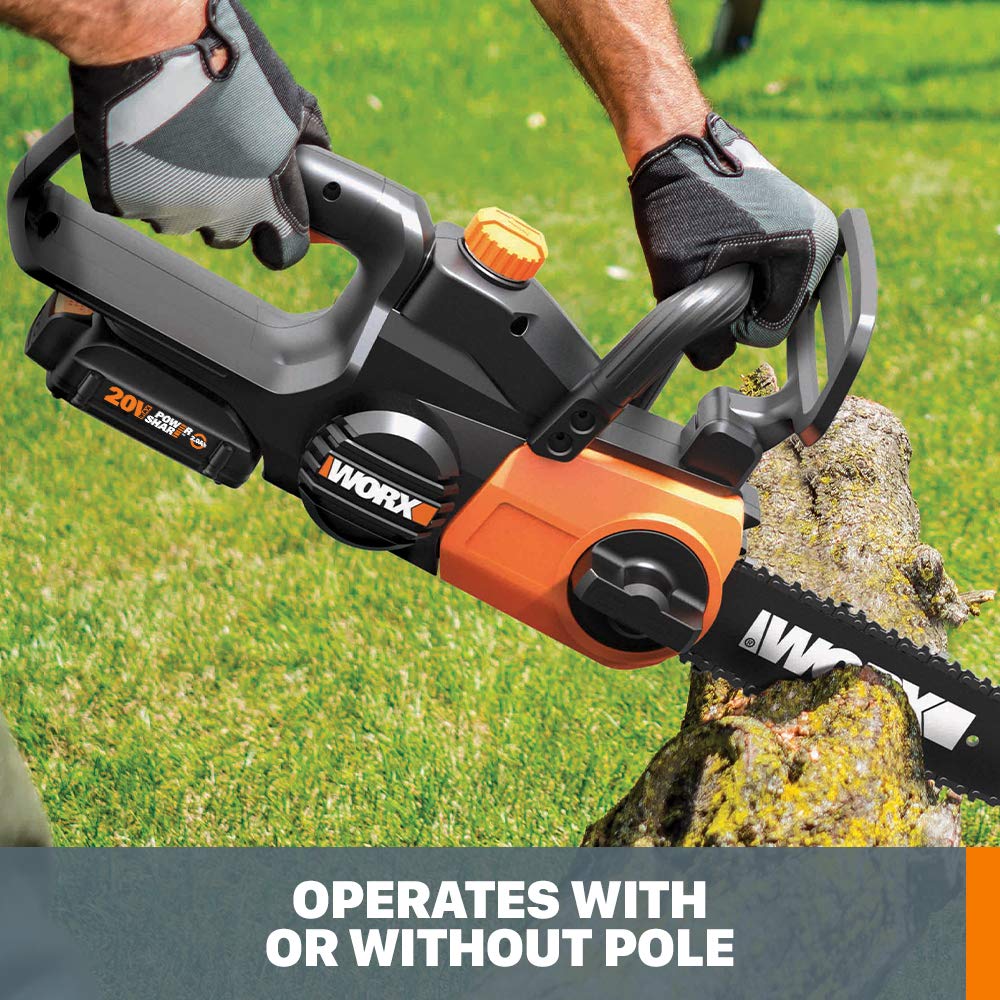 WORX WG323 full-length pole attached, reaching high branch safely