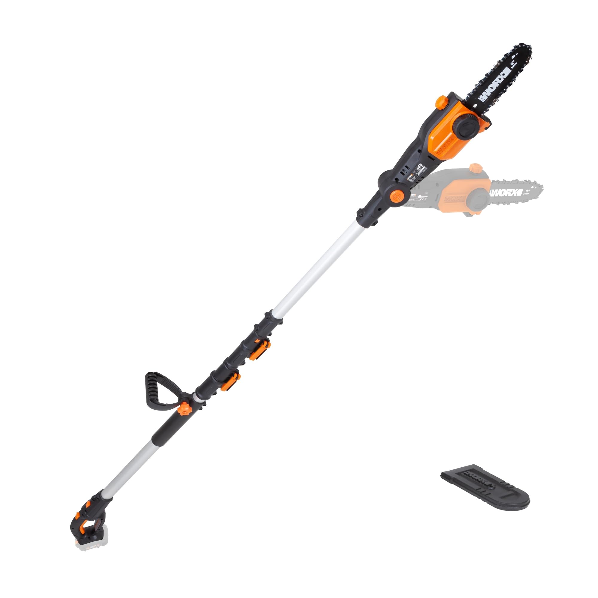 WORX WG349 front view showing 8 inch bar and lightweight design benefit