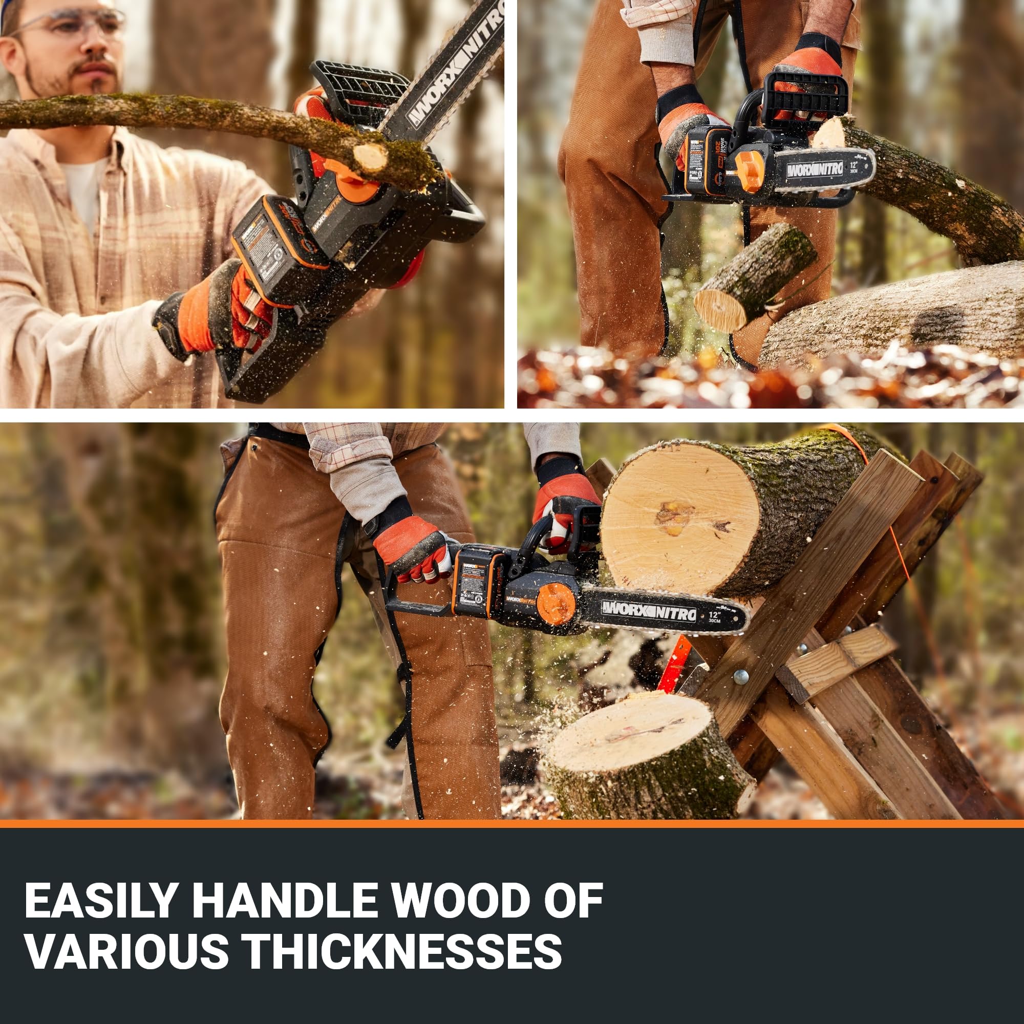 WORX WG350 bar and chain close-up displaying automatic lubrication for smoother cuts