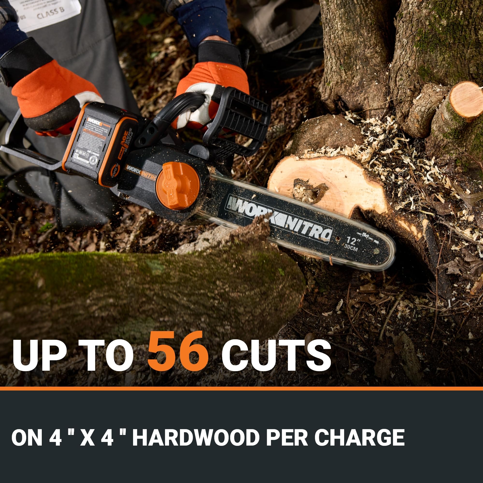 WORX WG350 cutting a branch in use demonstrating fast battery-powered performance