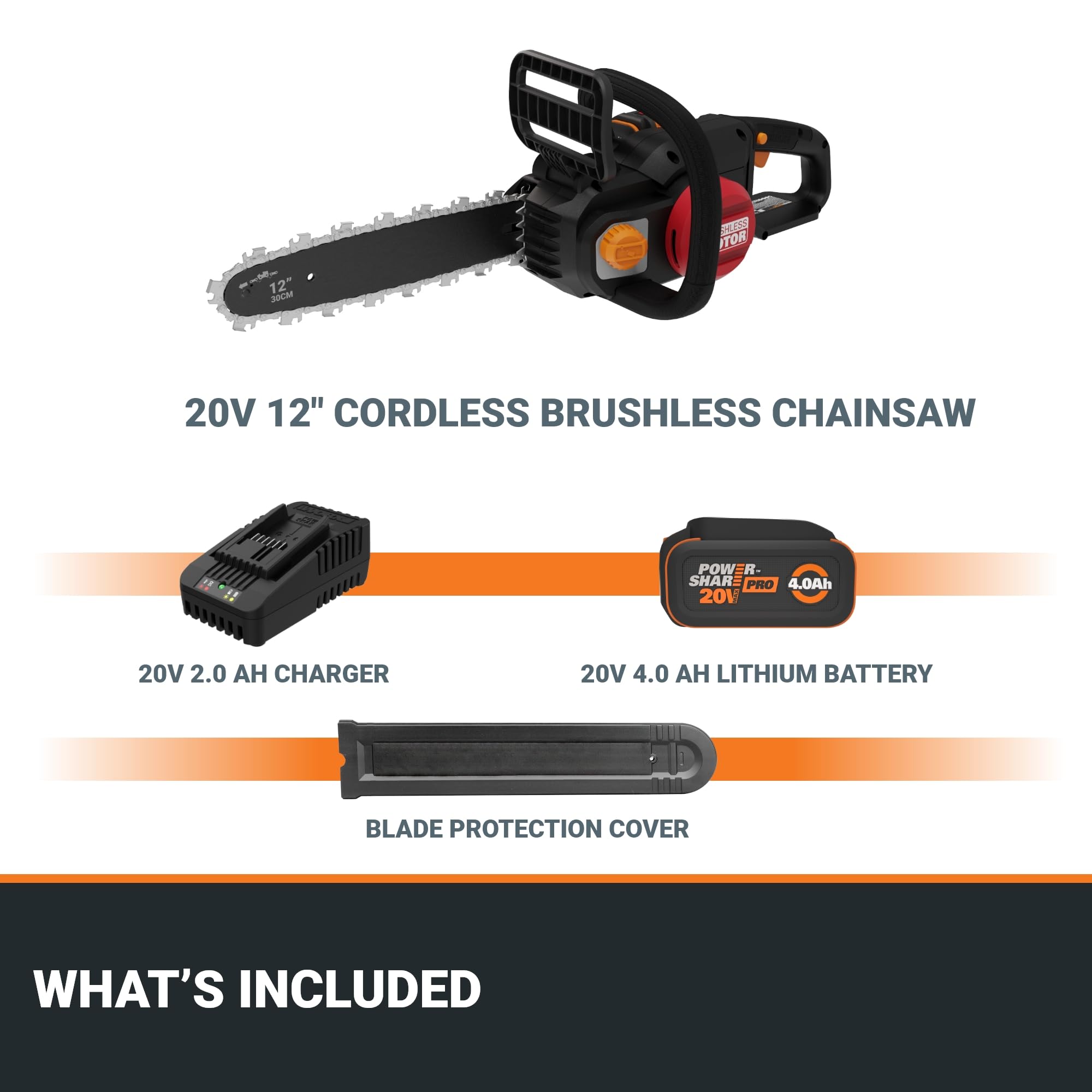 WORX WG350 label and control knobs detail highlighting tool-free chain tensioning convenience