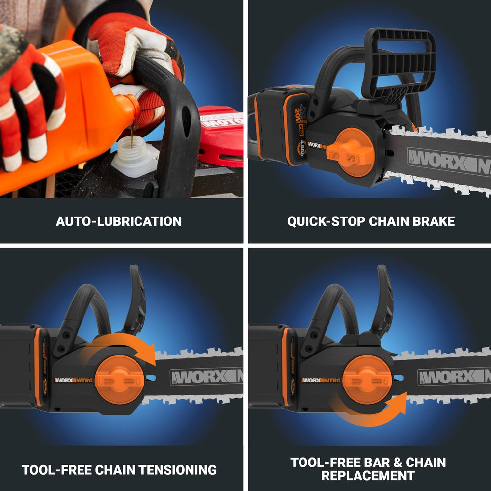 WORX WG350 beside a 4.0Ah Power Share PRO battery showing scale and runtime benefit