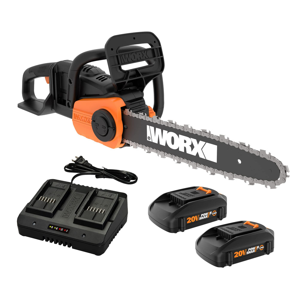 WORX WG384 front view showing 14 inch bar and included batteries for easy handling