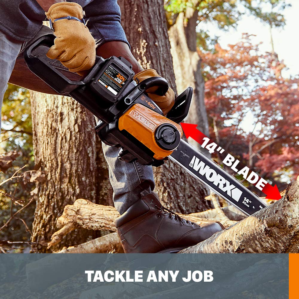 WORX WG384 cutting a log demonstrating cordless power and cleaner operation