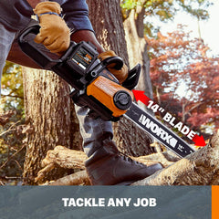 WORX WG384 cutting a log demonstrating cordless power and cleaner operation