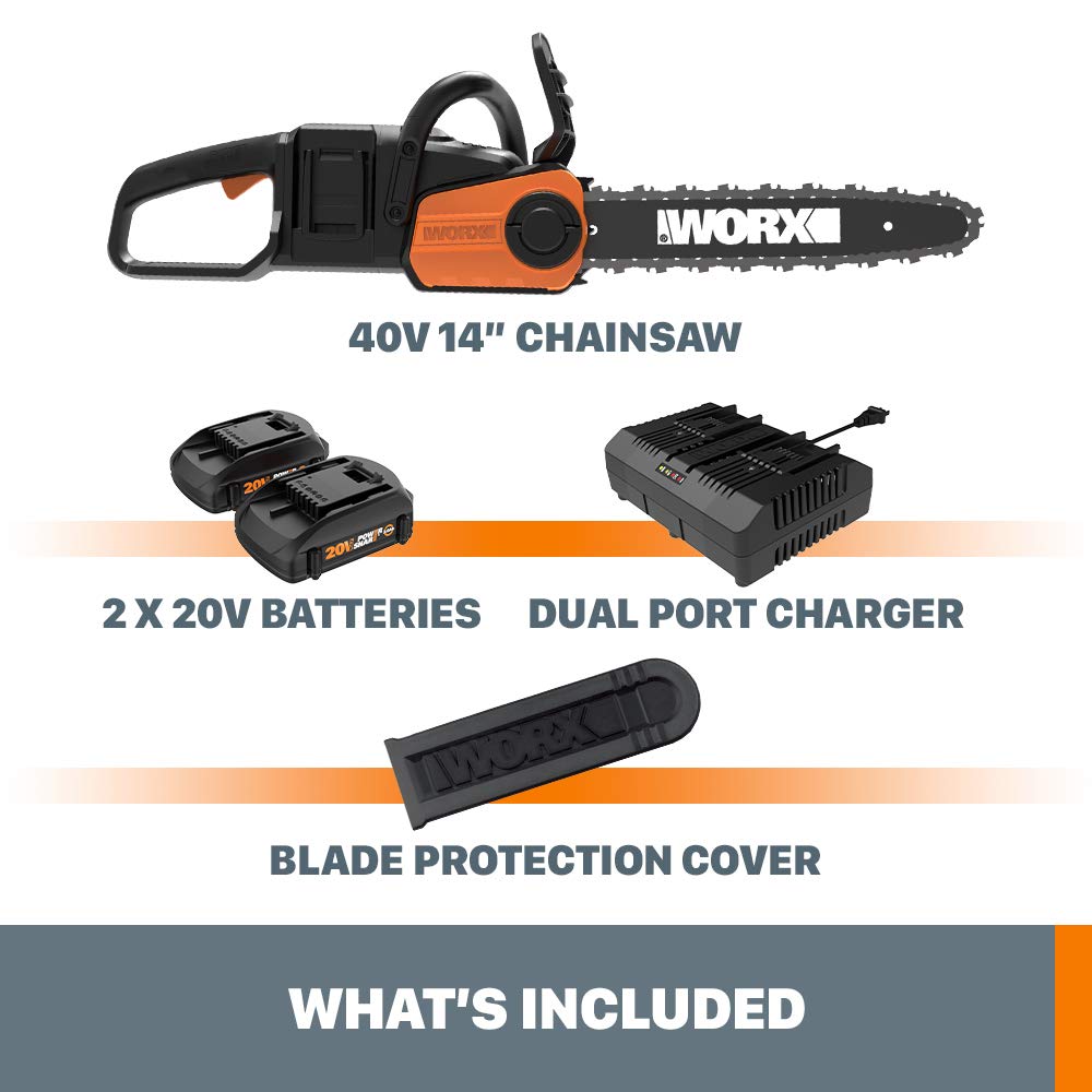 WORX WG384 chain brake lever detail emphasizing quick-stop safety feature