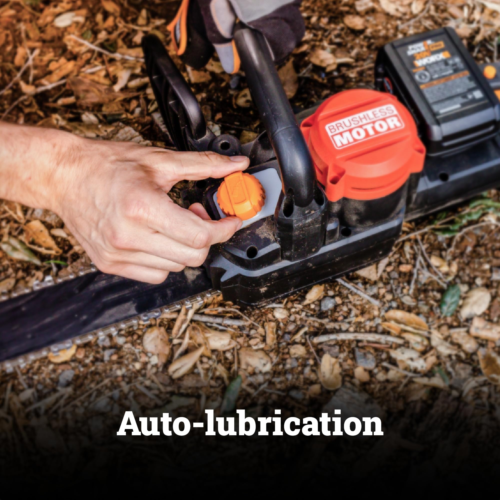 WORX WG385 close-up of bar and chain showing automatic lubrication benefit