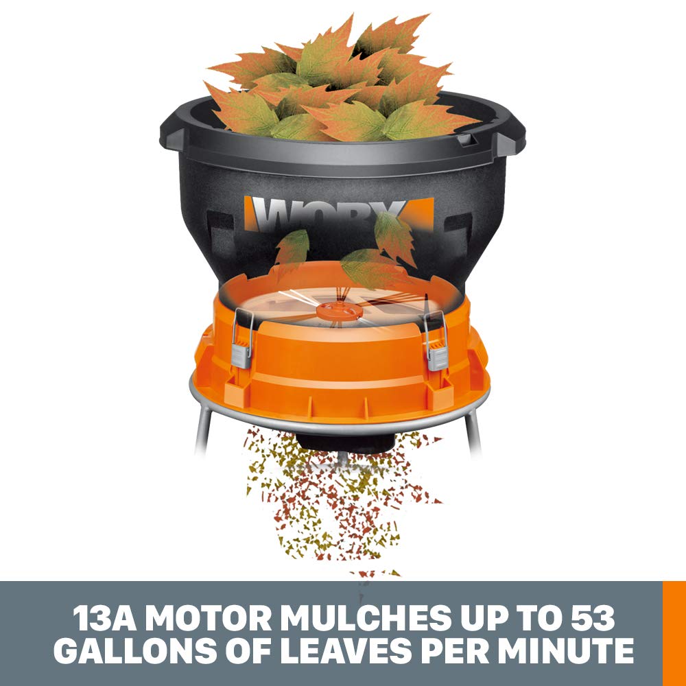 WORX WG430 attached to yard bag with shredded mulch dropping directly into bag