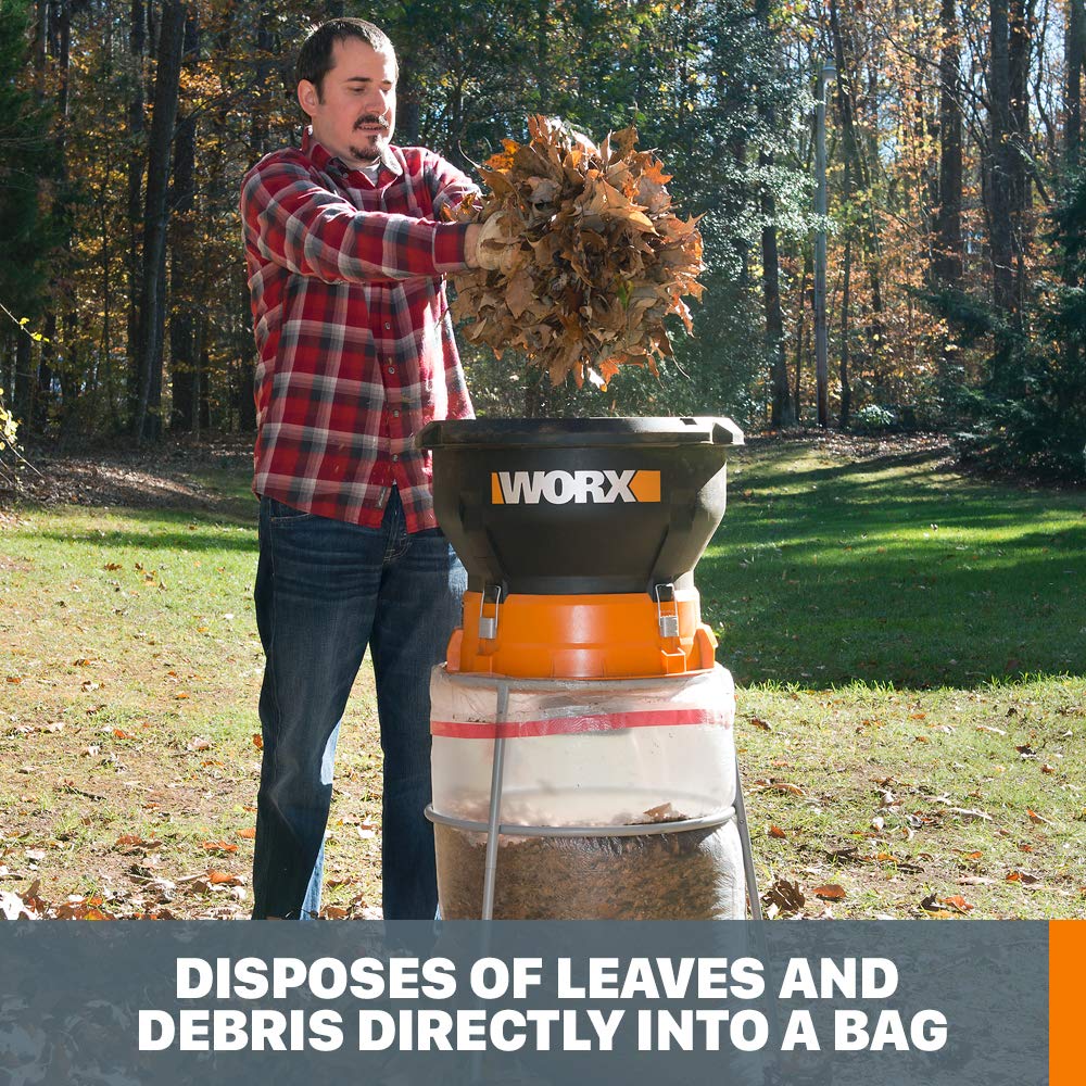 WORX WG430 close-up of feed throat illustrating easy leaf intake and efficient processing