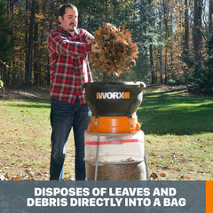 WORX WG430 close-up of feed throat illustrating easy leaf intake and efficient processing