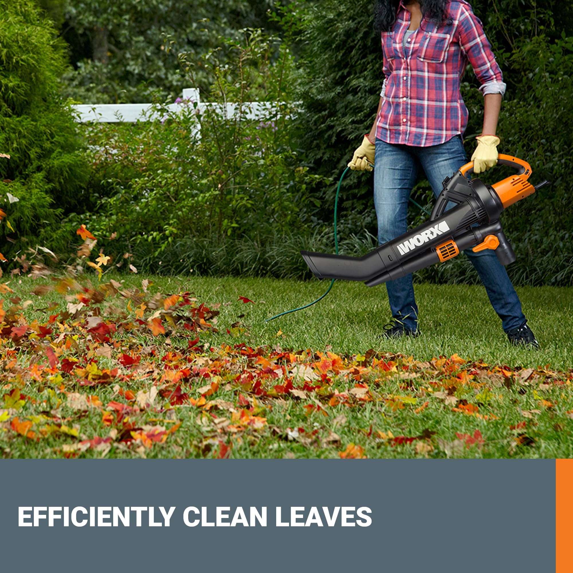 WORX WG509 vacuuming leaves into bag to reduce yard waste volume