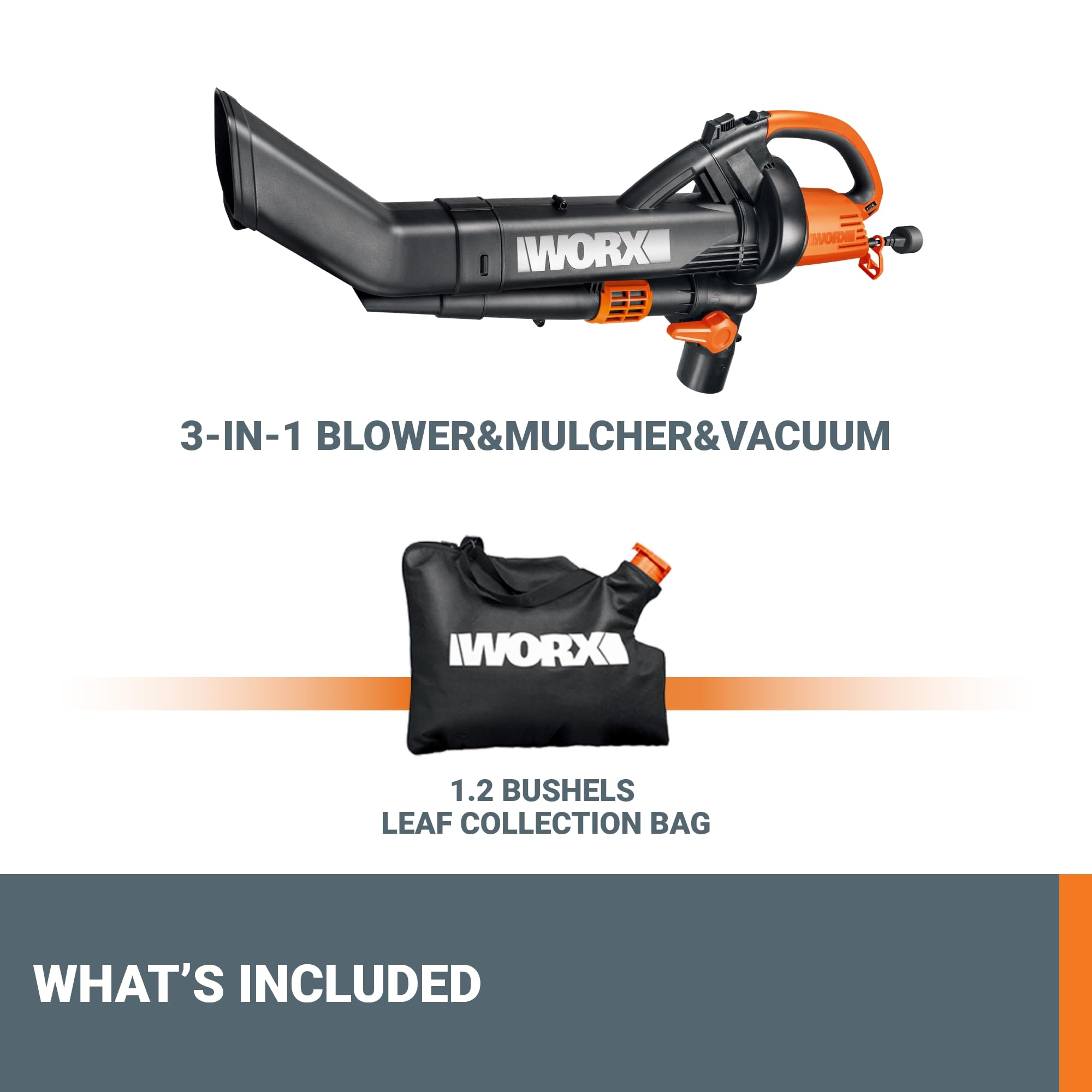 WORX WG509 unboxed with included collection bag highlighting what’s included