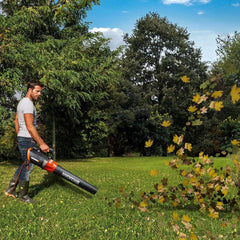 WORX blower in one-handed use on lawn showing ergonomic comfort benefit