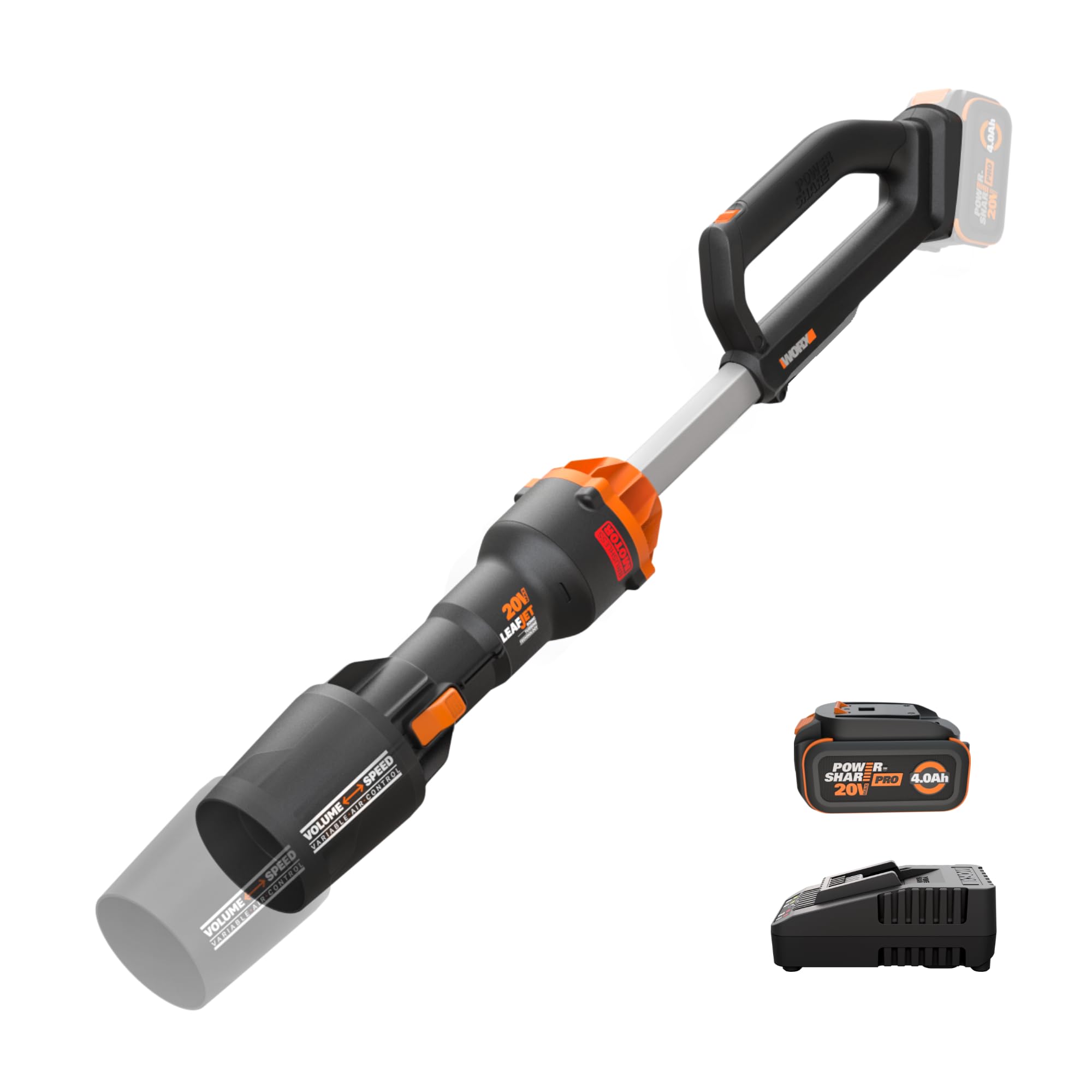 WORX WG543 front view showing compact blower and ergonomic handle for comfortable use