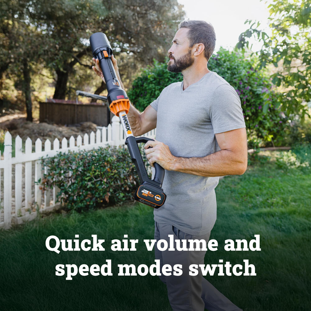 WORX WG543 held in one hand demonstrating lightweight 3.8 lb design for reduced fatigue