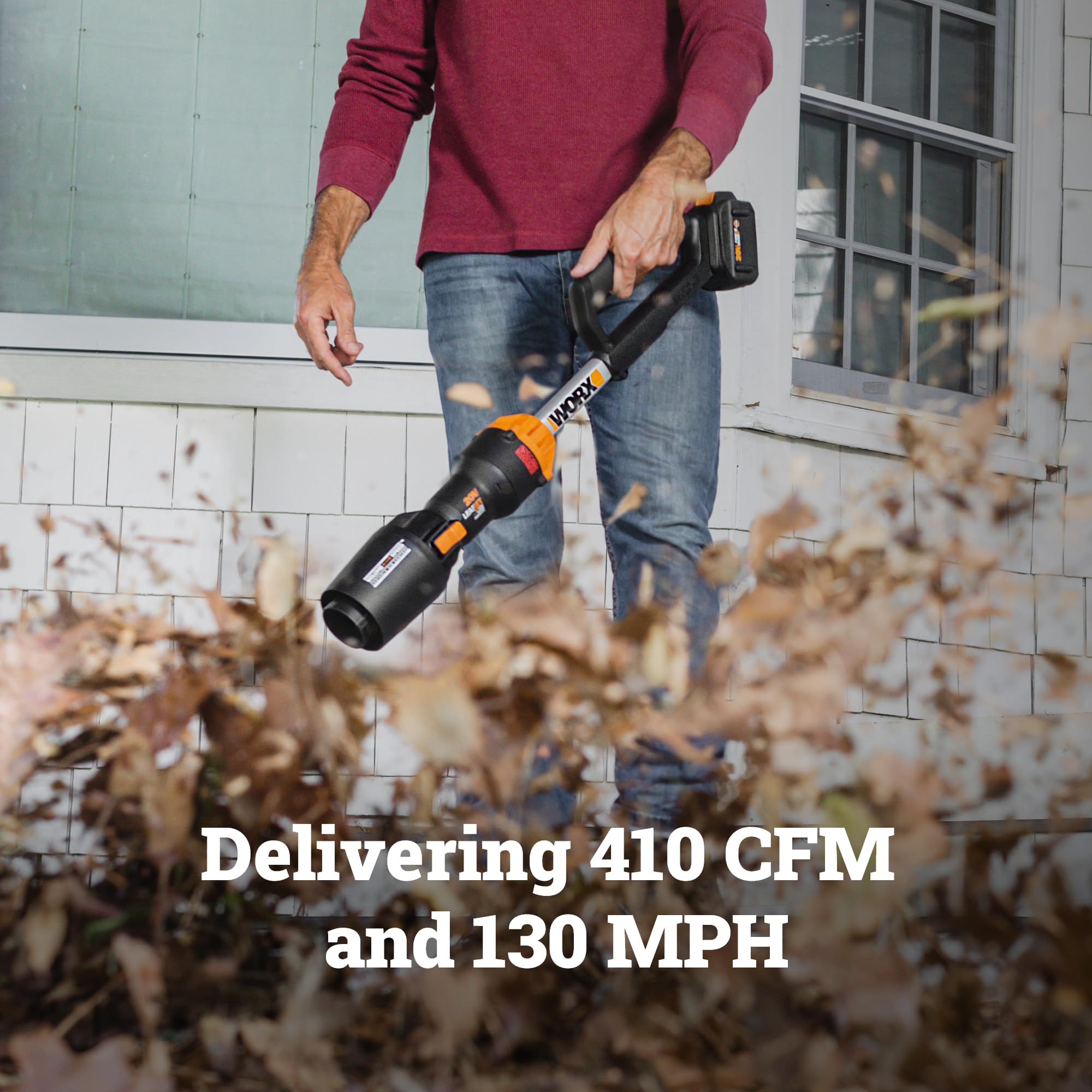 WORX WG543 in volume mode sweeping a lawn quickly for fast area clearing
