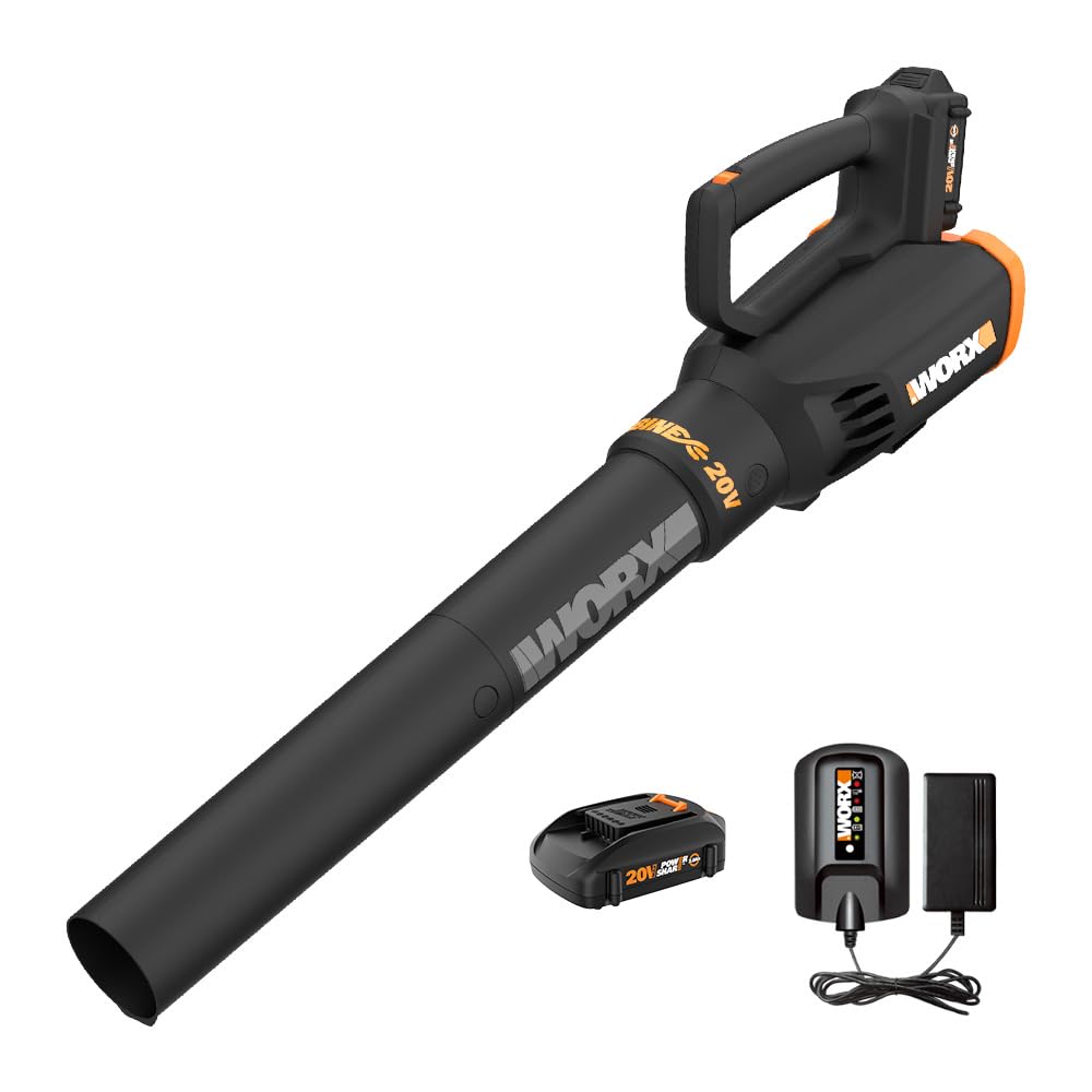 WORX WG547 front view showing compact blower and nozzle, fast cleanup benefit