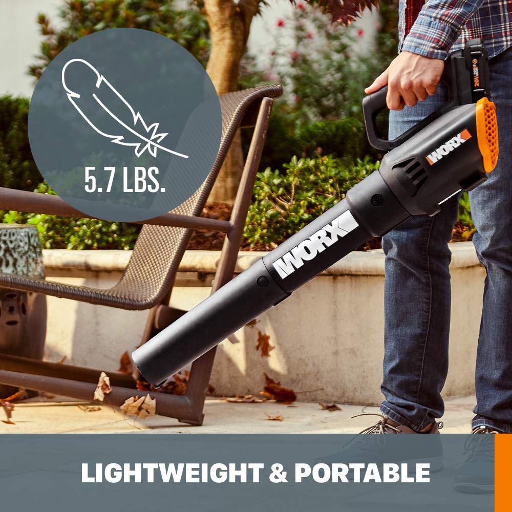 WORX blower clearing driveway leaves demonstrating fast cleanup benefit