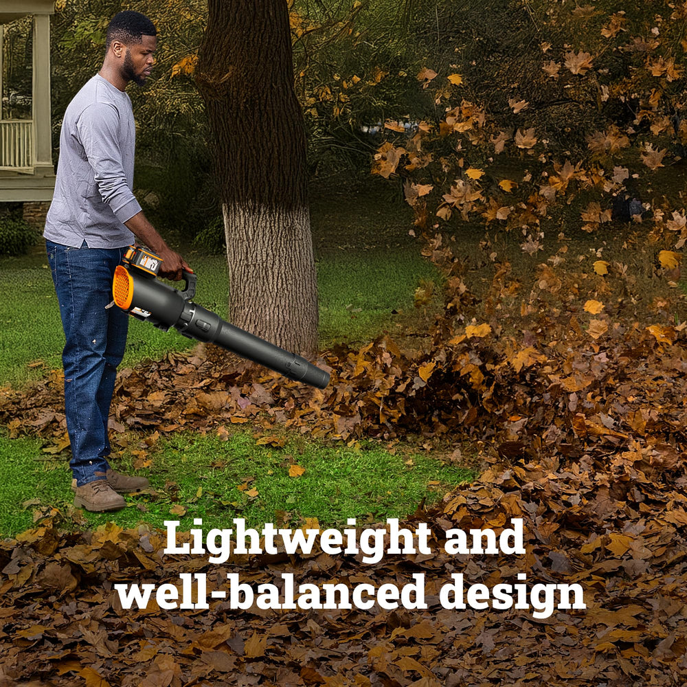 WORX blower in use clearing damp leaves to speed yard cleanup