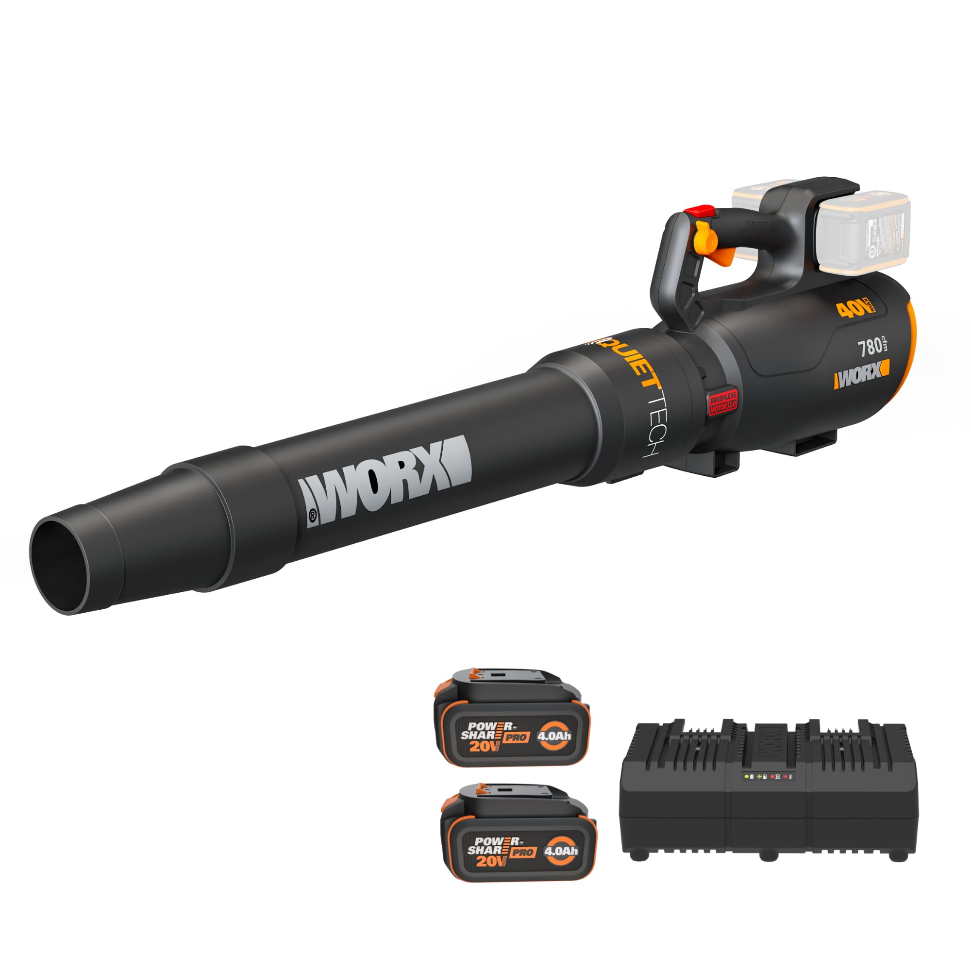WORX WG582 front view showing sleek blower body and balanced stance for easy handling
