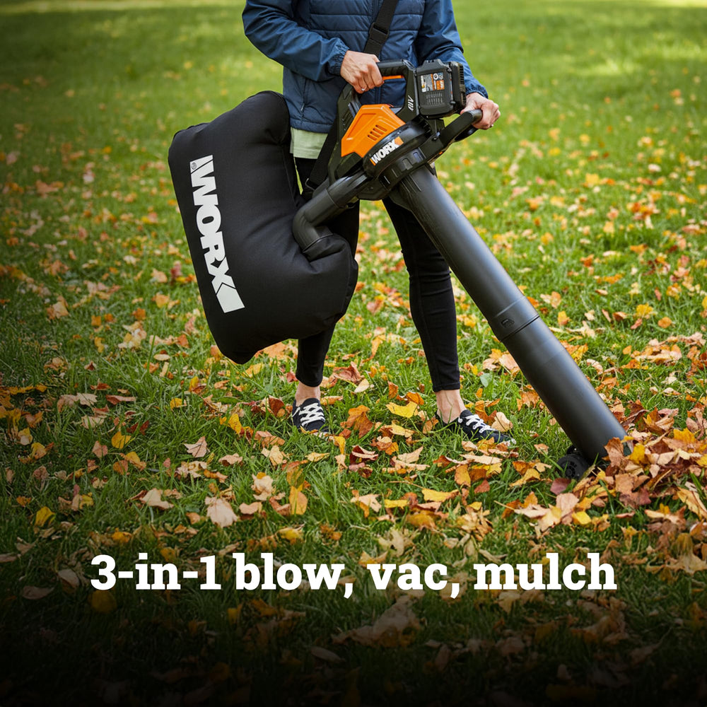 WORX collection bag close-up with strap for hands-free leaf collection