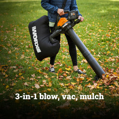 WORX collection bag close-up with strap for hands-free leaf collection