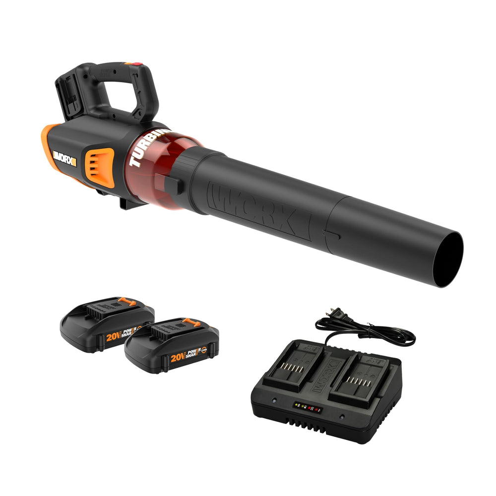 WORX WG584 front view showing compact blower and nozzle for powerful clearing