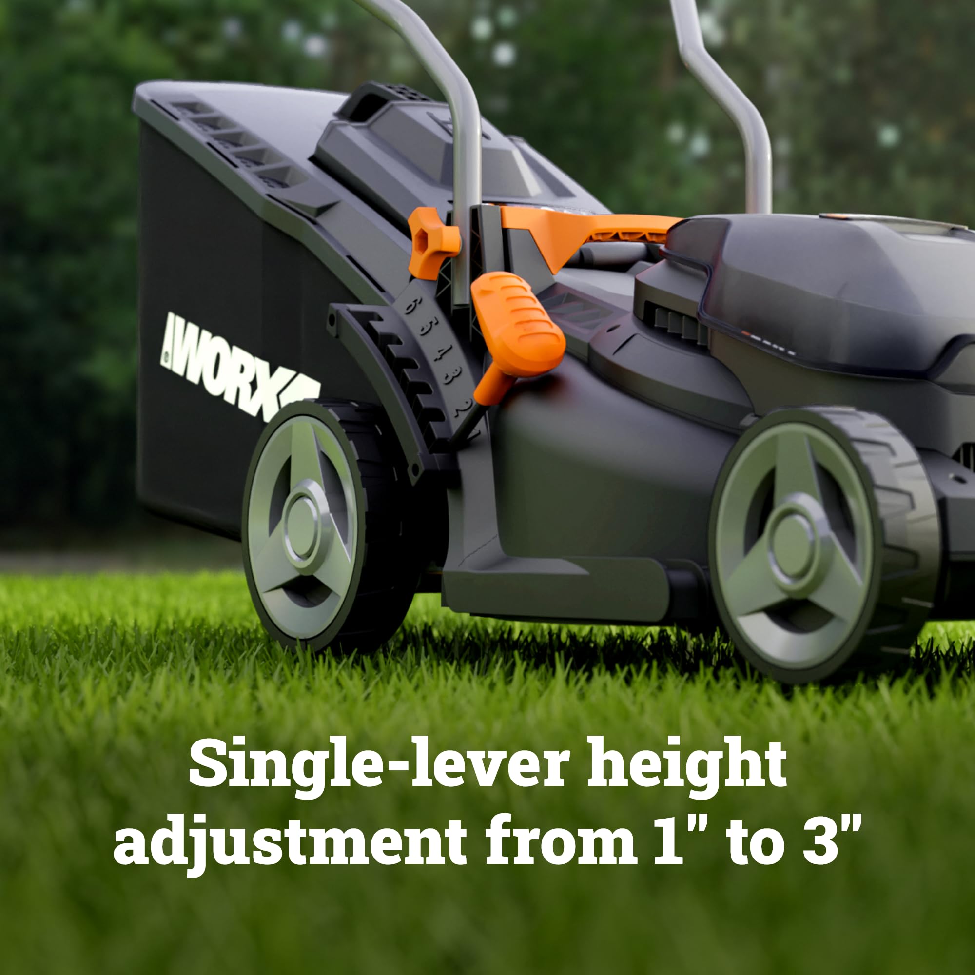 WORX height adjustment lever showing six-position control for varied lawns