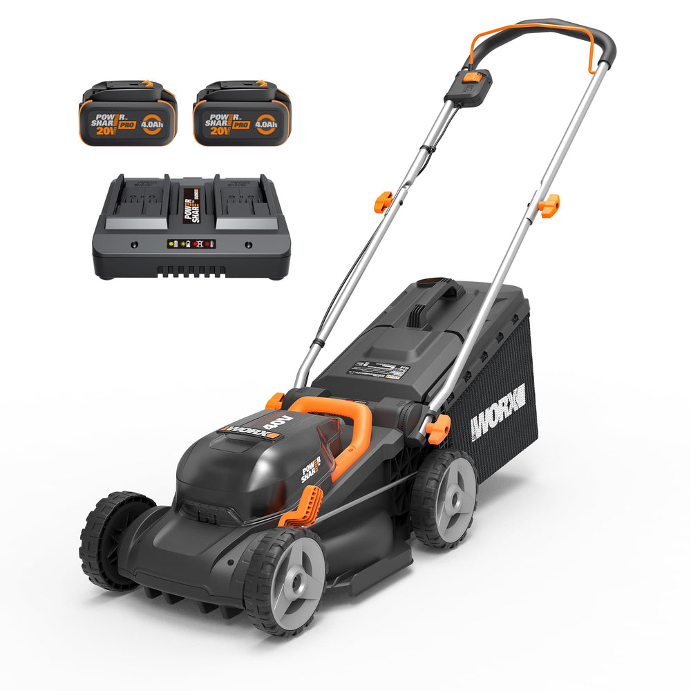 WORX WG735 front angle showing compact mower and easy maneuvering