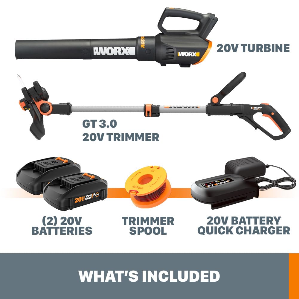 WORX blower clearing yard leaves showing strong 360 CFM airflow performance