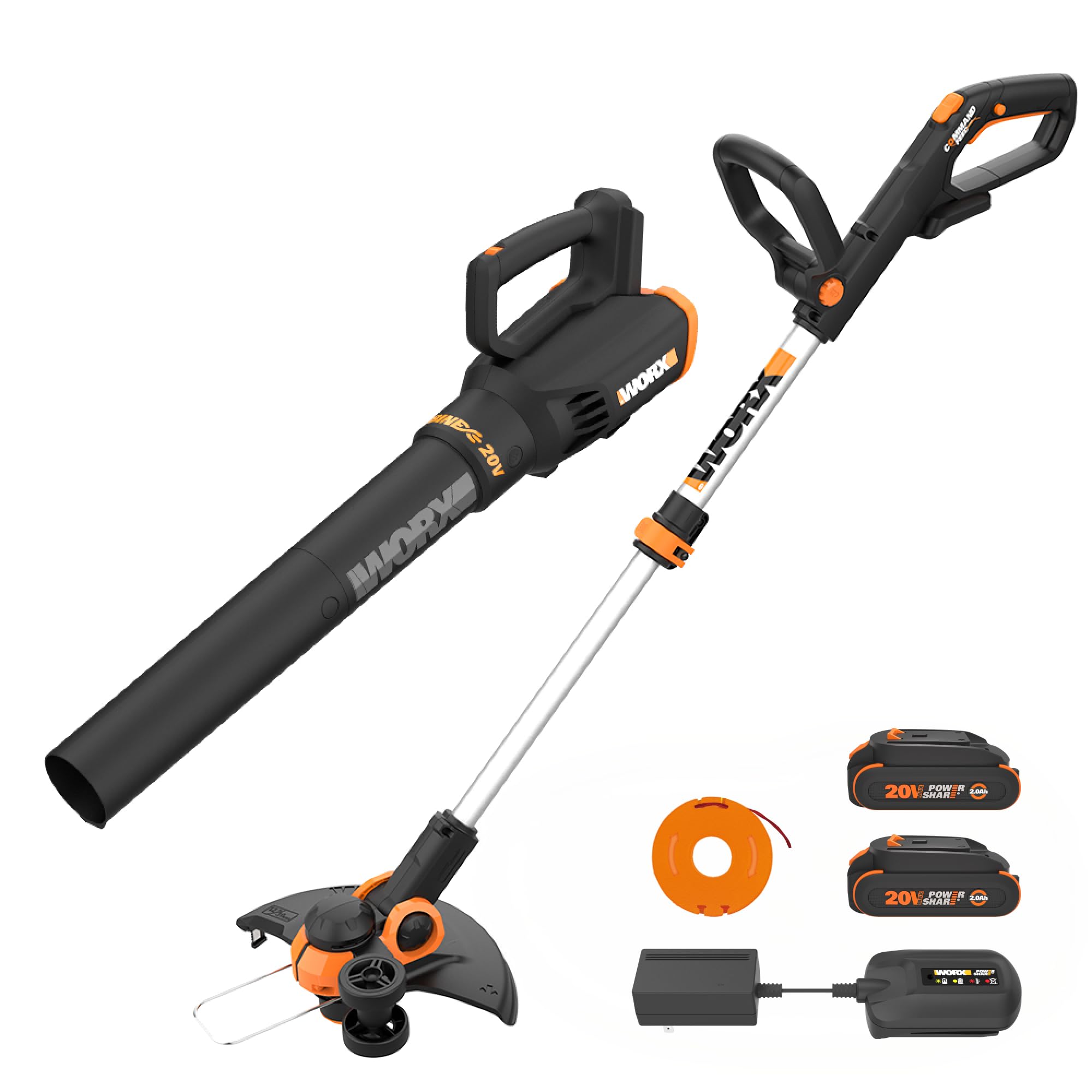 WORX WG928 front view of trimmer and blower kit showing compact layout and readiness