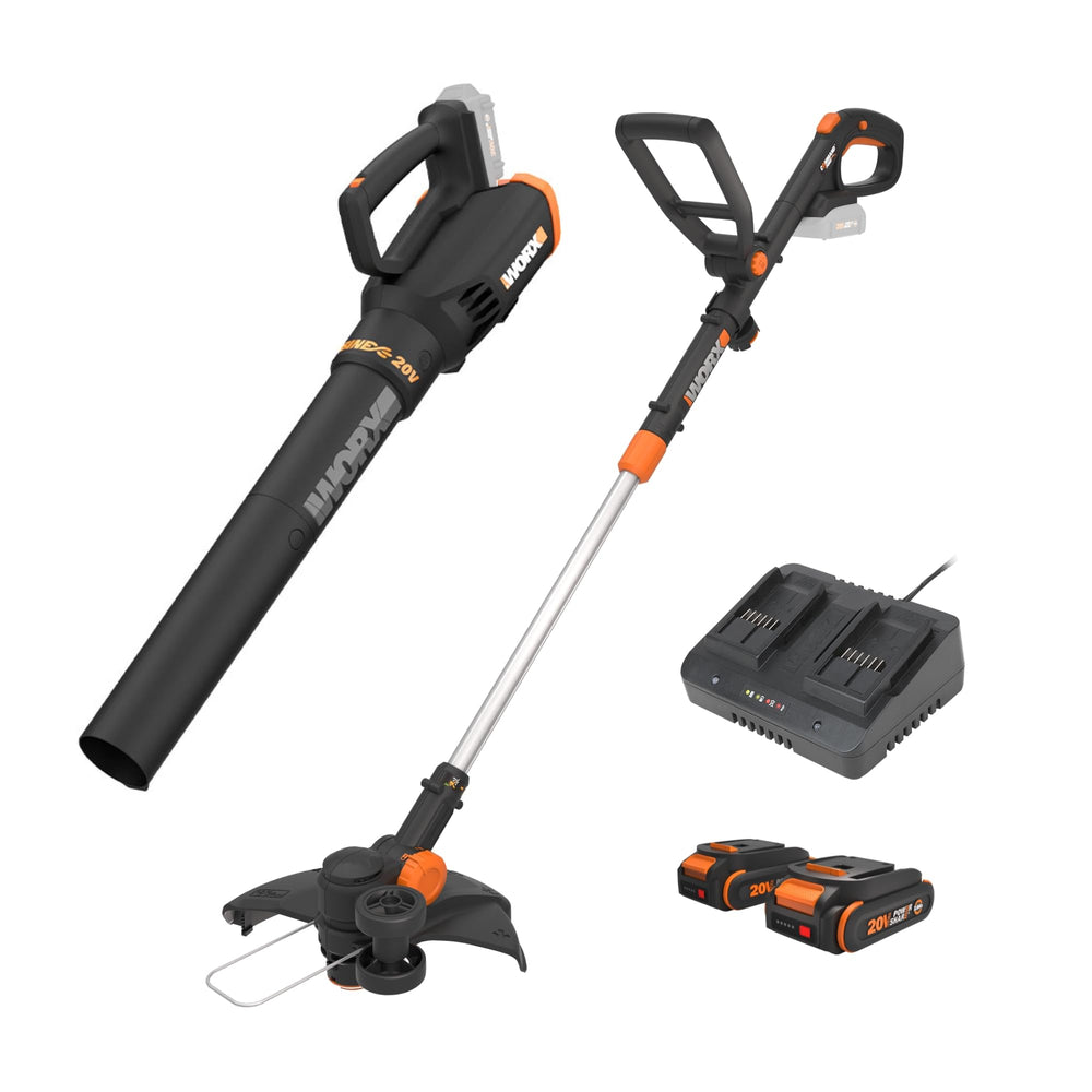 WORX front view of WG930.2 kit showing trimmer blower and accessories for convenience