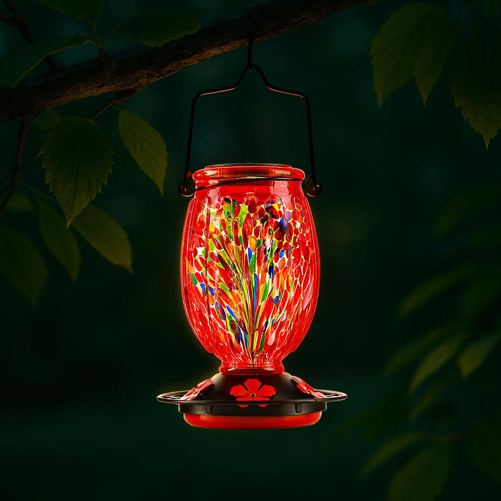 WOSIBO feeder lit at dusk showing illuminated glass benefit: evening visibility
