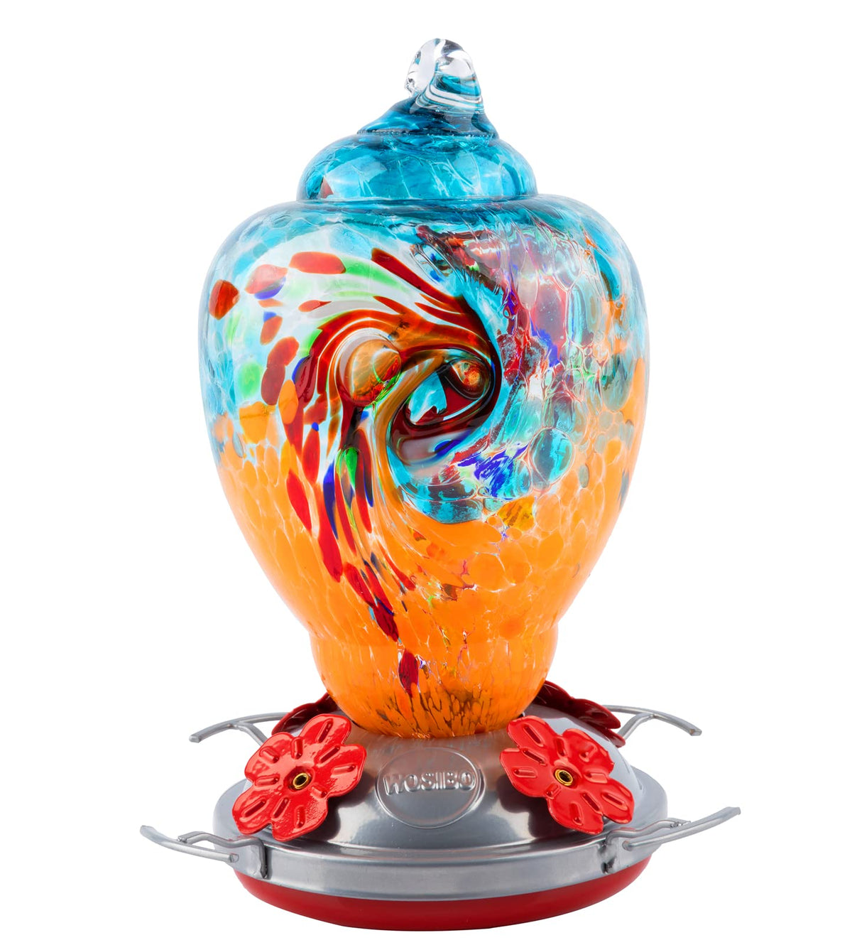 WOSIBO front view feeder showing colorful glass attracting birds
