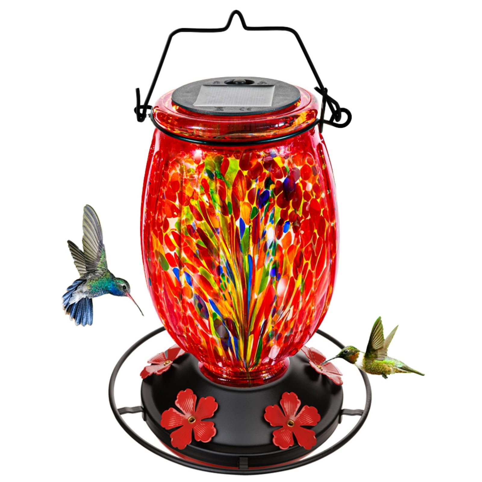 WOSIBO front view hanging feeder showing colorful glass and perch benefit: visual attraction