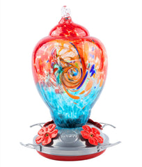 WOSIBO front view feeder showing vibrant red-blue glass and hanging hook to attract birds