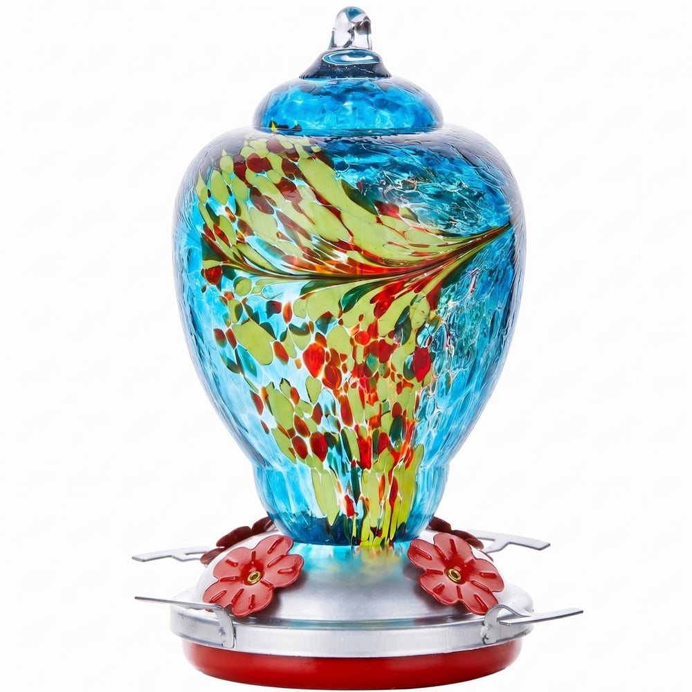 WOSIBO front view showing colorful glass and feeding ports, attracts more hummingbirds