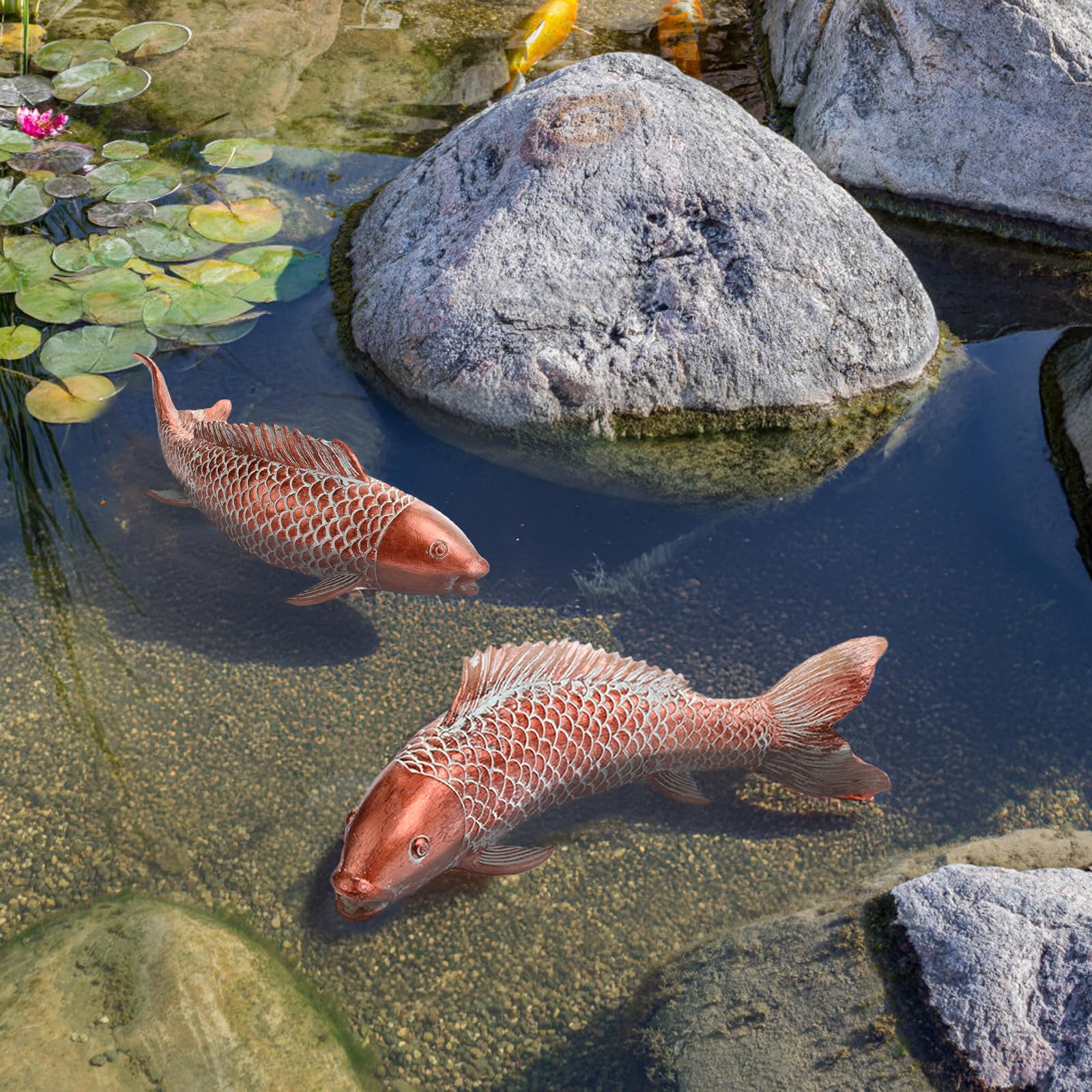 Wosuine pair placed by pond edge creating harmonious outdoor focal point