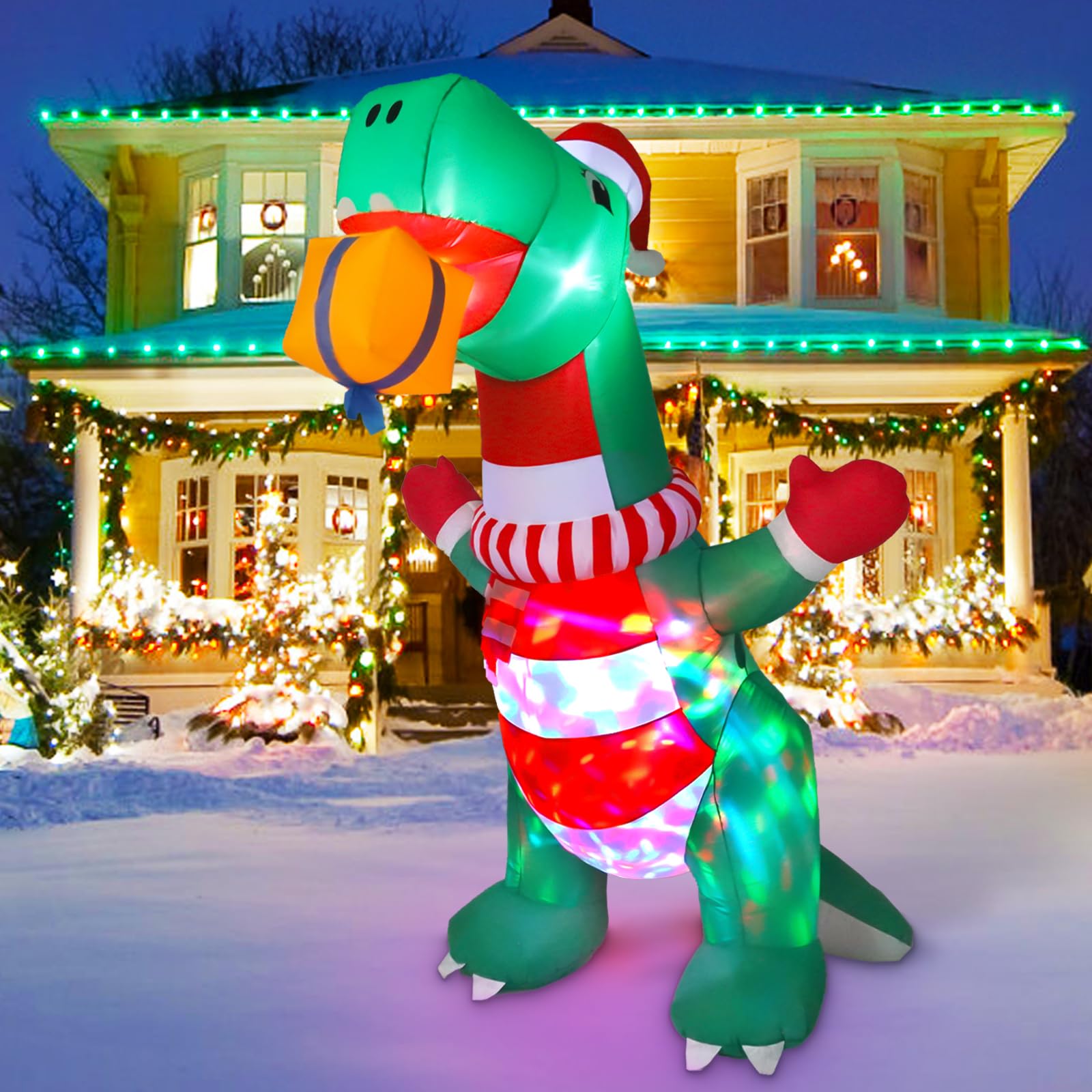 Wothfav dinosaur front view showing festive hat and gift — attracts attention