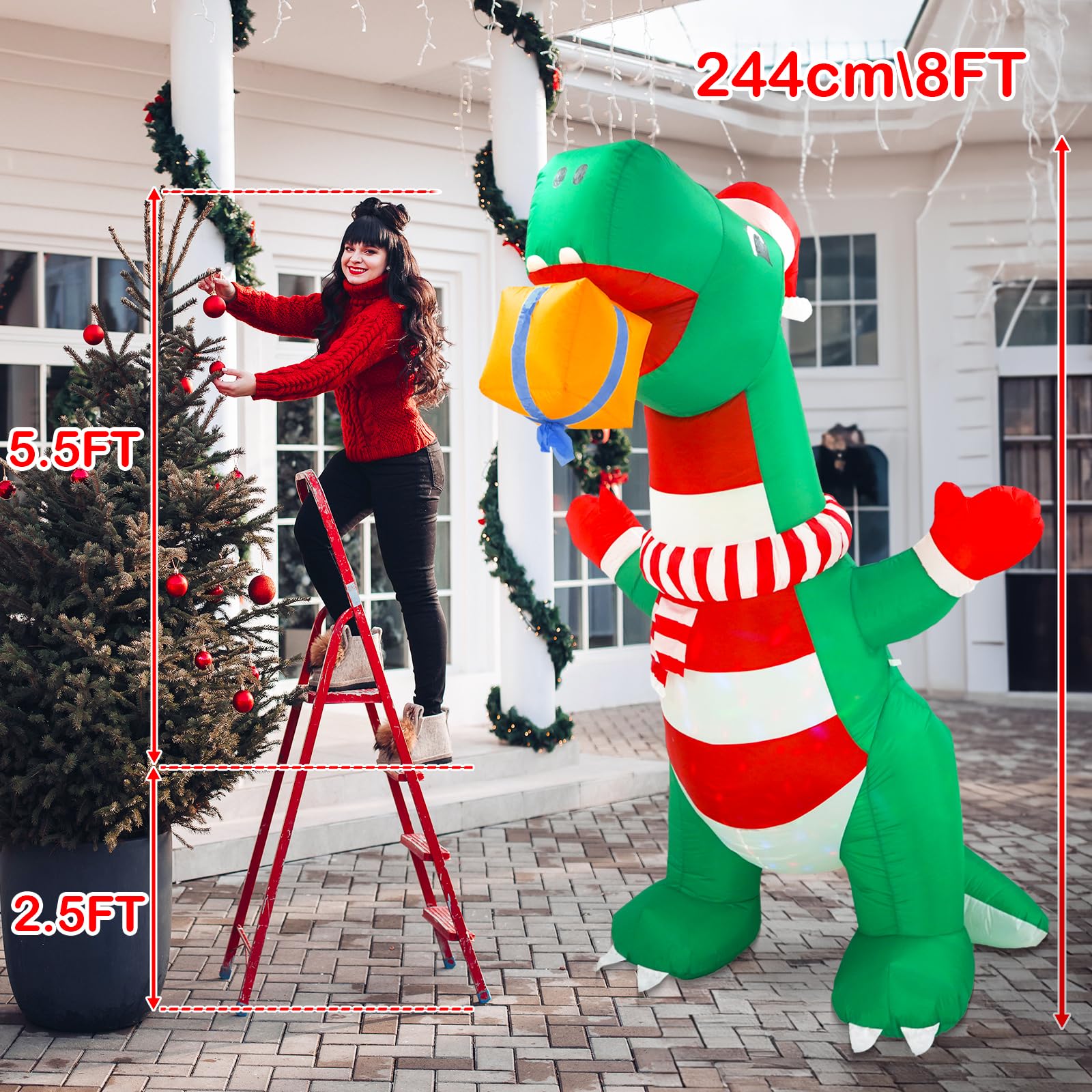 Wothfav dinosaur glowing with multicolor LEDs at night — bright holiday display