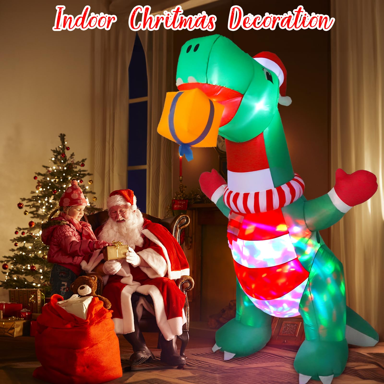 Wothfav dinosaur in front yard holiday scene — creates joyful atmosphere