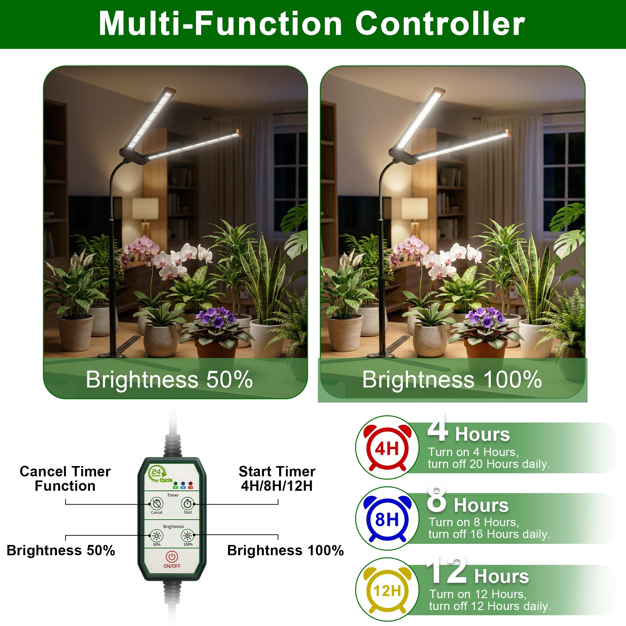 Wotime in use on desk illuminating multiple potted plants for balanced growth