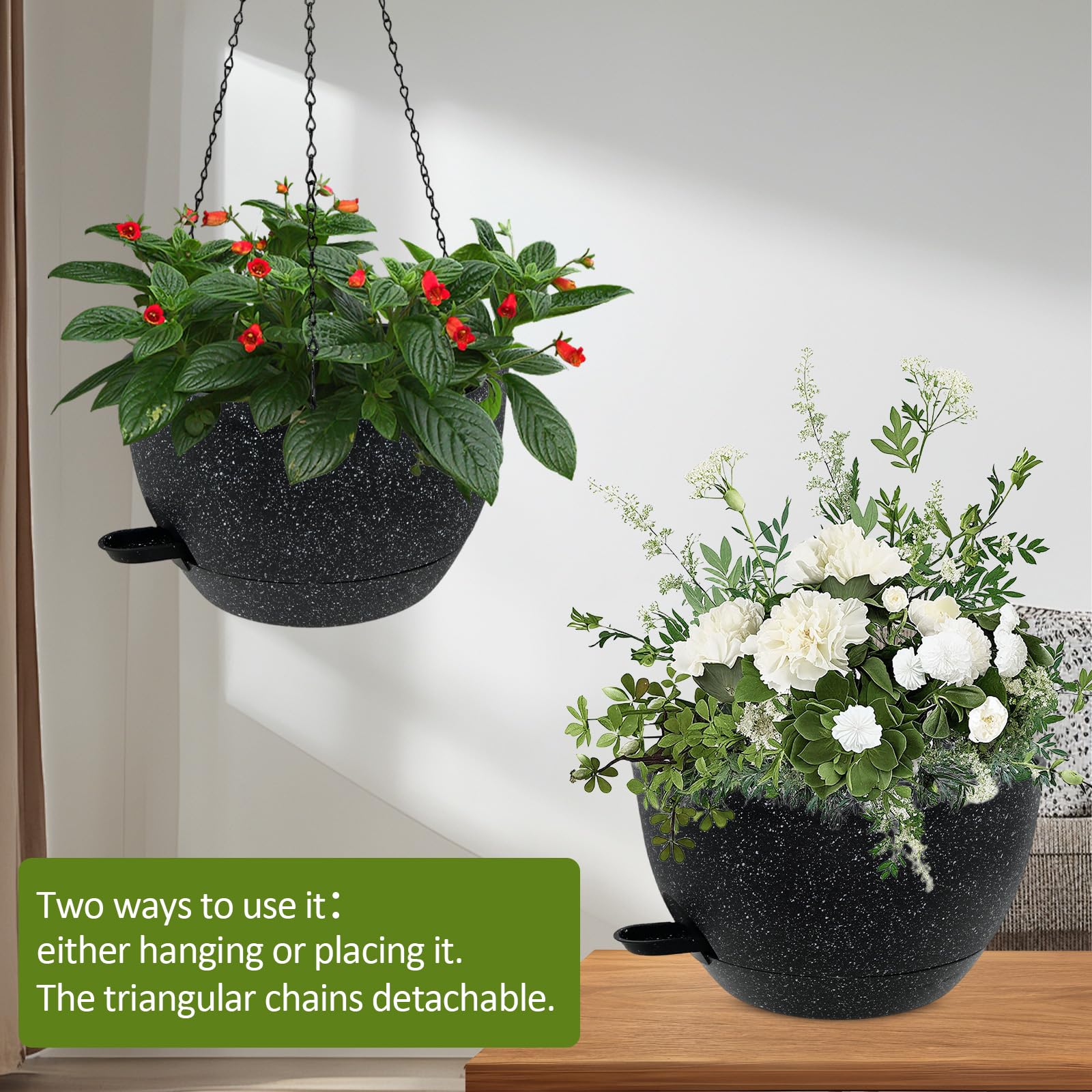 WOUSIWER removable reservoir tray detail, shows self-watering function and easy refill