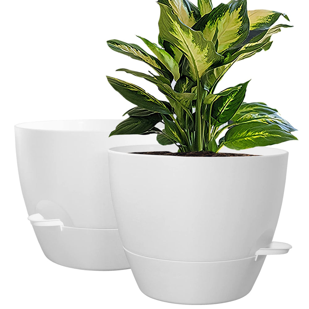 WOUSIWER front view of two white 10-inch planter pots showing clean design and benefit