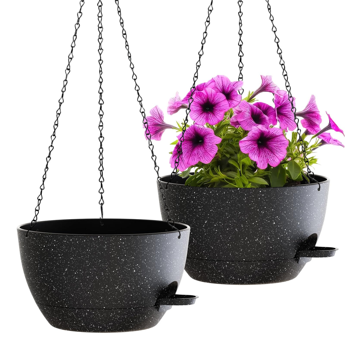 WOUSIWER front view of speckled black 12-inch hanging planter, showcases modern look and balance