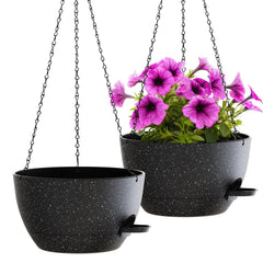 WOUSIWER front view of speckled black 12-inch hanging planter, showcases modern look and balance