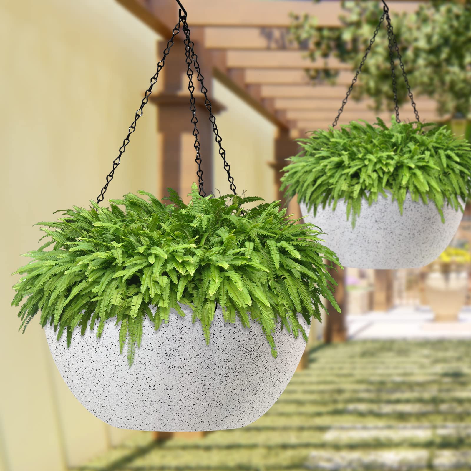 WOUSIWER hanging planter on porch with lush plants adding curb appeal