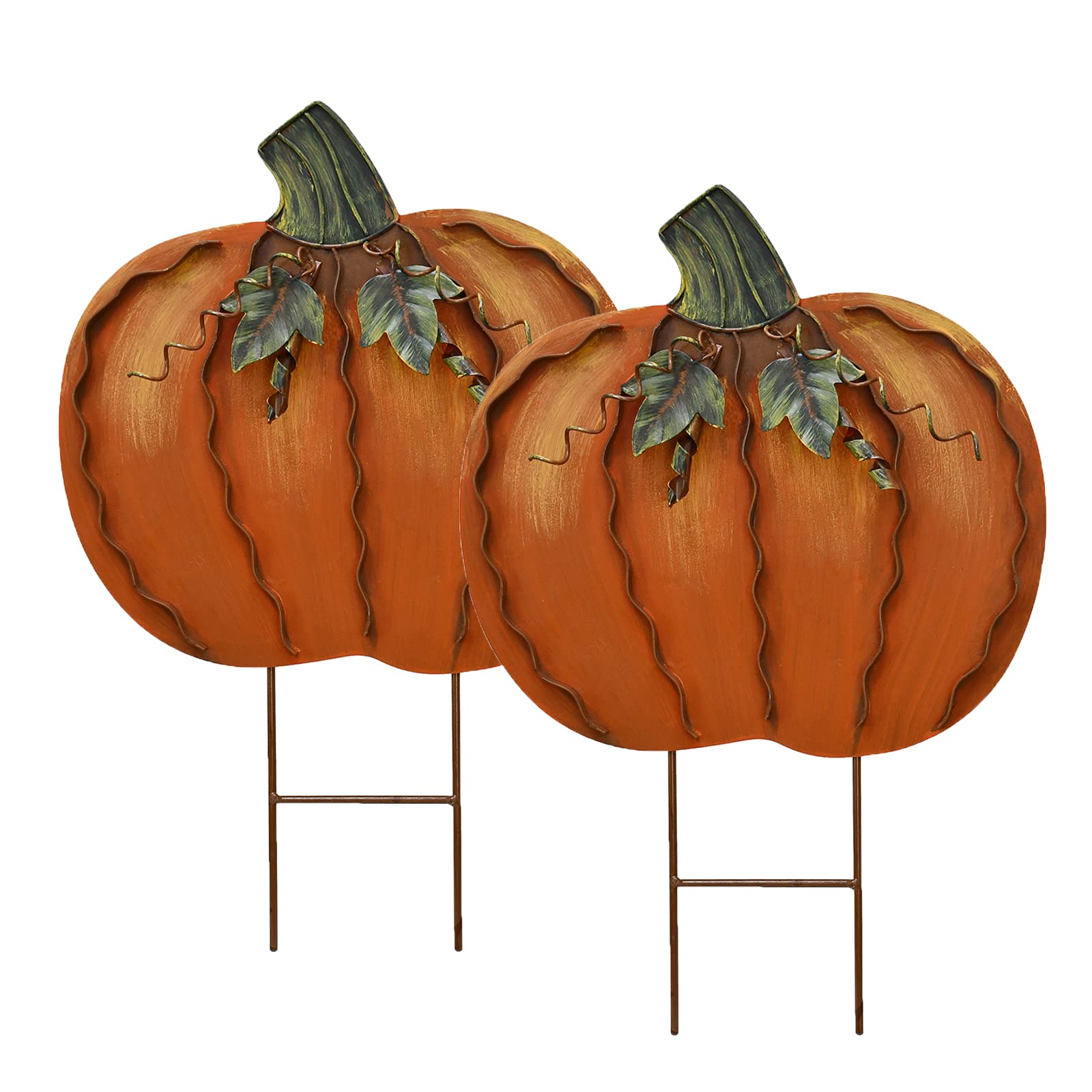 wovorins front view of metal pumpkin stake showing shape and curb appeal