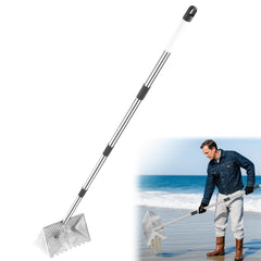 Woxnoc front view of sand flea rake showing full sifter and handle, durable construction