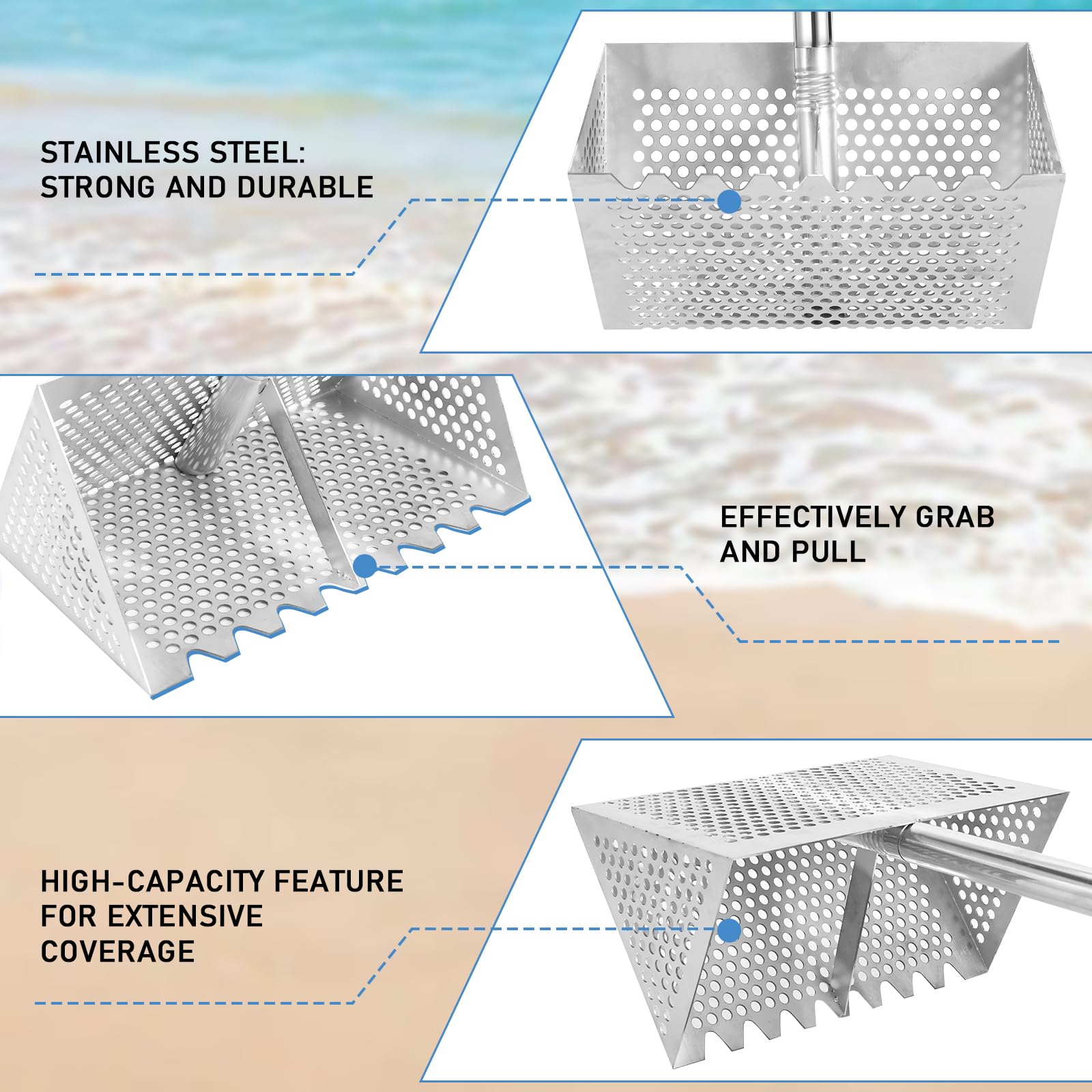 Woxnoc rake in use on beach with person standing, reduces bending and speeds sifting